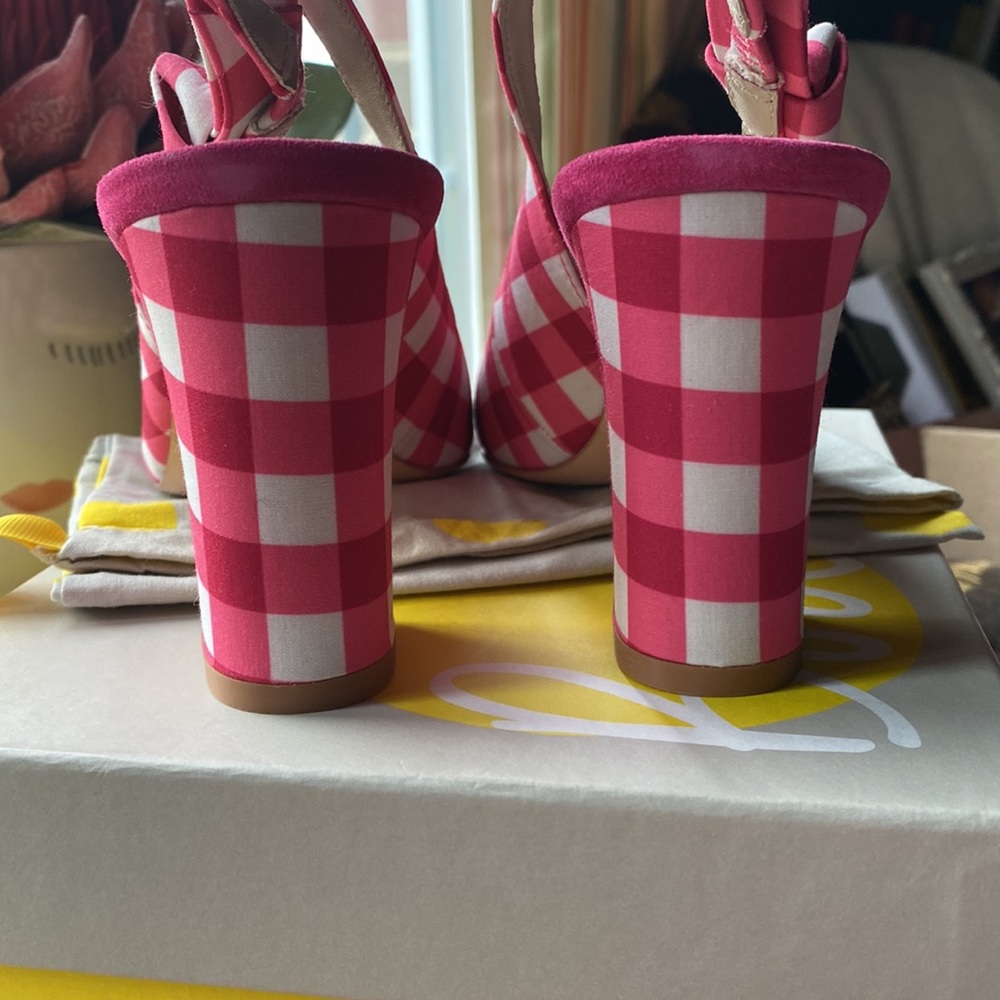 Boden, pink gingham sling back heels. Size 39. - Picture 3 of 8